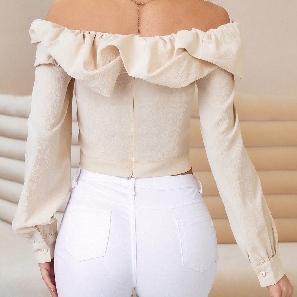 Contemporary Off Shoulder Ruffle Trim Blouse Khaki - Picture 4 of 6